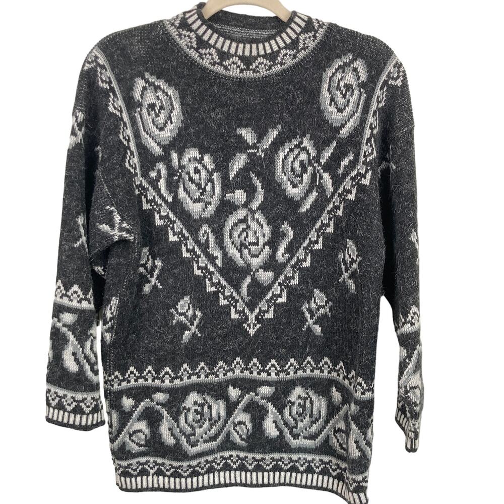 Vintage Womens S Gray Floral Angora Blend Long Sweater Whimsigoth Fairy Grunge